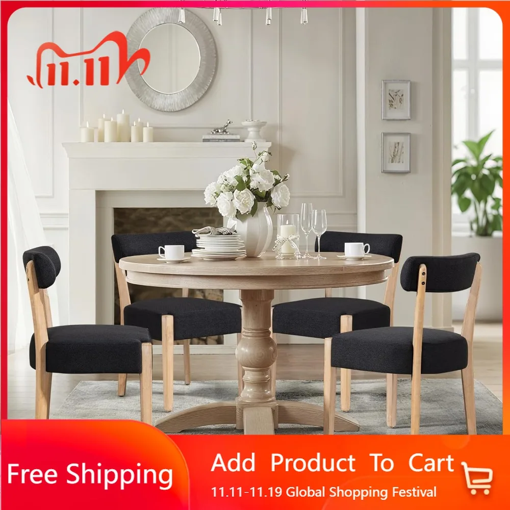 طقم كراسي طعام مكون من 4 قطع، كراسي مطبخ خشبية حديثة من منتصف القرن مع تنجيد من الكتان - تصميم منسوج منخفض الظهر للمطبخ