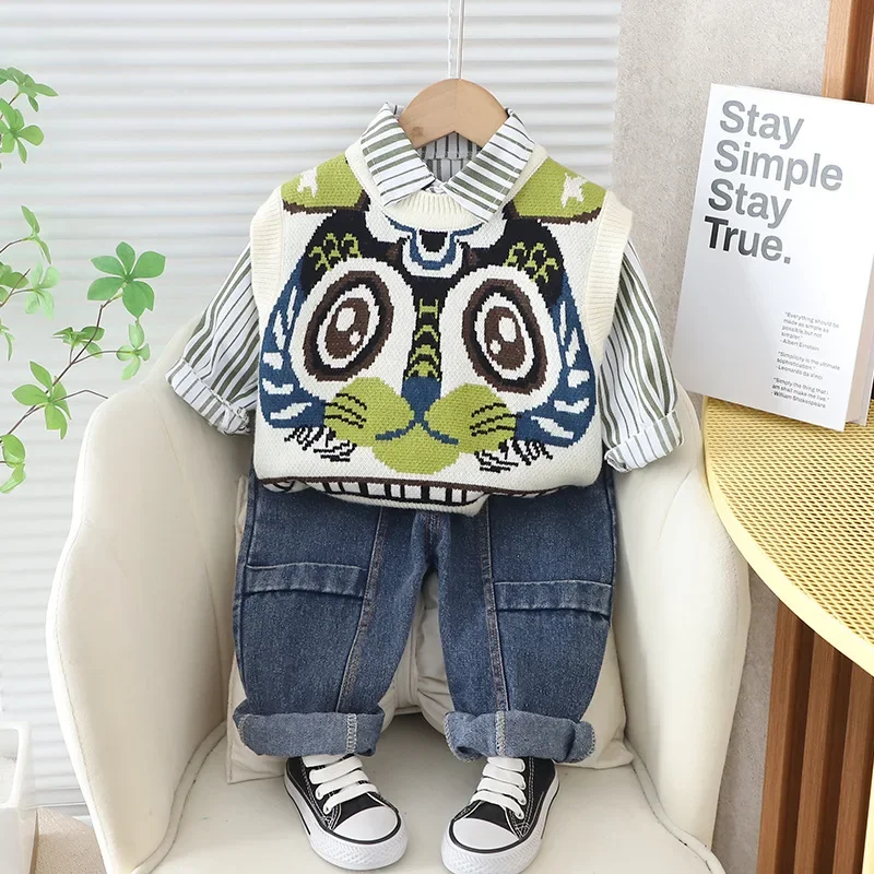 2024 Spring New Boys Cartoon Sweater Vest Three piece Set for Boys Striped Shirt and Denim Pants Set