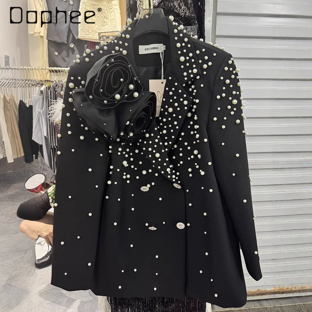 Schwere Perlen Dreidimensionale Blume Blazer Büro Dame Langarm Zweireiher Licht Luxus frauen Anzug Frühling Herbst Neue