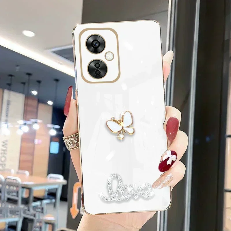 เคสโทรศัพท์หรูหราสําหรับ OnePlus Nord CE 3 Lite N30 5G Bling รักผีเสื้อชุบเลนส์กล้องป้องกันซิลิโคนอ่อนเต็มรูปแบบ