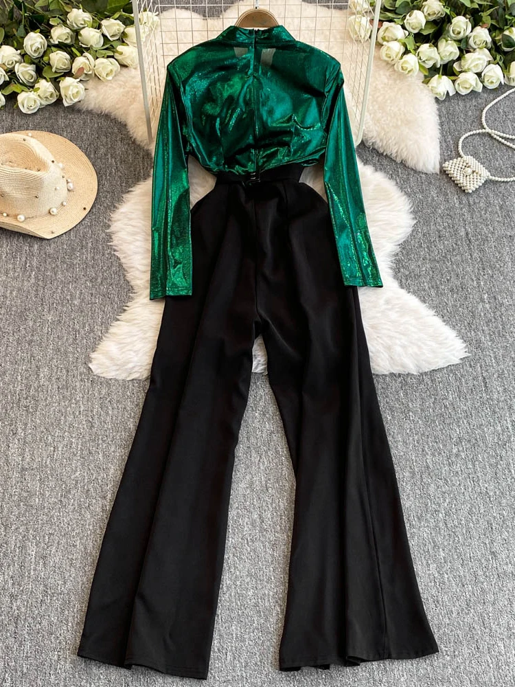 TWOTWINSTYLE Patchwork Diamonds Jumpsuit For Women V Neck Long Sleeve High Waist Chic Wide Leg Jumpsuits Female New KJU513387