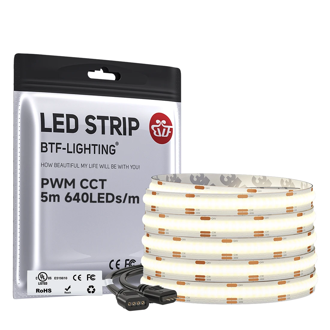 FCOB CCT Lichtstreifen FOB COB LED 10mm LED-Leuchten RA90 640 LEDs Hohe Dichte Flexibel Warmweiß mit Weißer Linearbeleuchtung 3000K bis 6000K Dimmbar DC24V