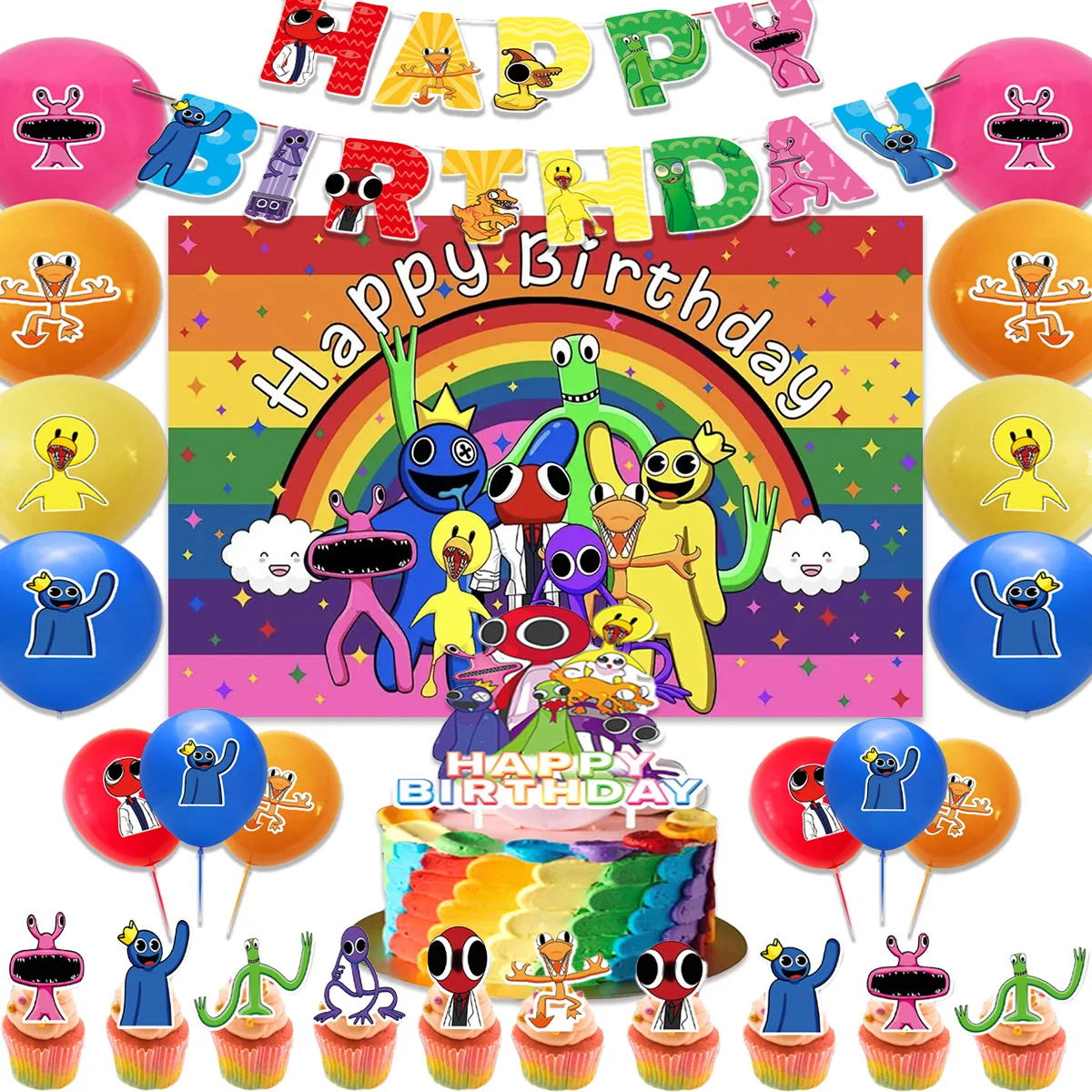 Rainbow Friends Theme Birthday Party Supplies Decoration Colorful Balloon Banner Backdrop Cupcake Topper Kids Baby Shower Gifts