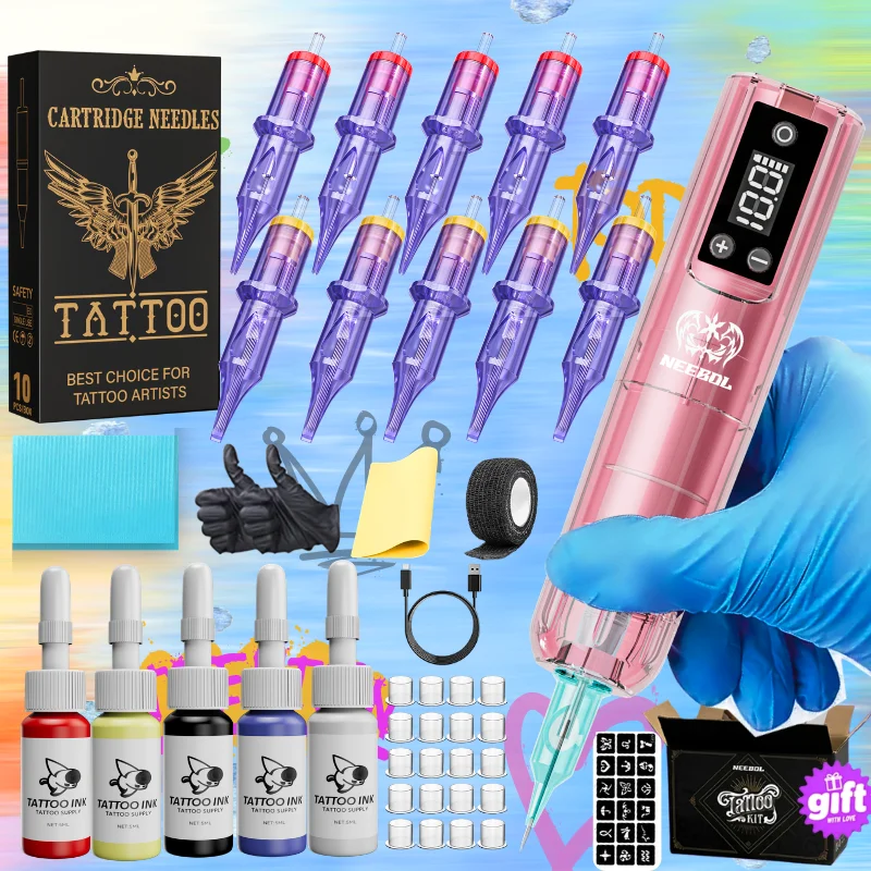 

Neebol Tattoo Kit Full Set, Cordless Tattoo Pen With Screen Display Sold Separately, 6-8 Hours Battery, Wireless Rotary Tattoo Gun Set, 10/20 Tattoo Cartridge Needles, 7 Tattoo Ink, Tattoo Supplies For Beginners & Artists, Body Art Makeup Gift