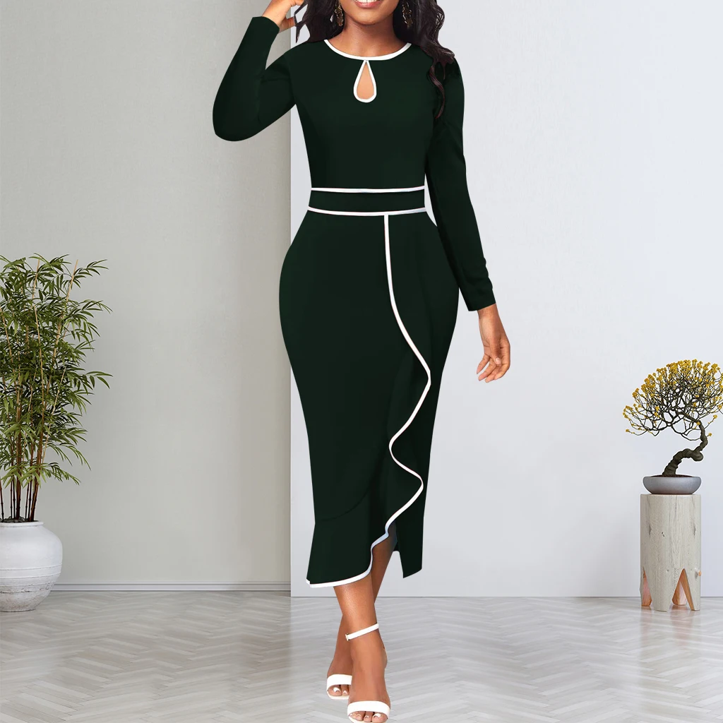 Dresses for Women Elegant O Neck Ruffles Slim Pencil Dress  Casual Work Office Lady Vestidos De Mujer Casual Elegant Midi Robe