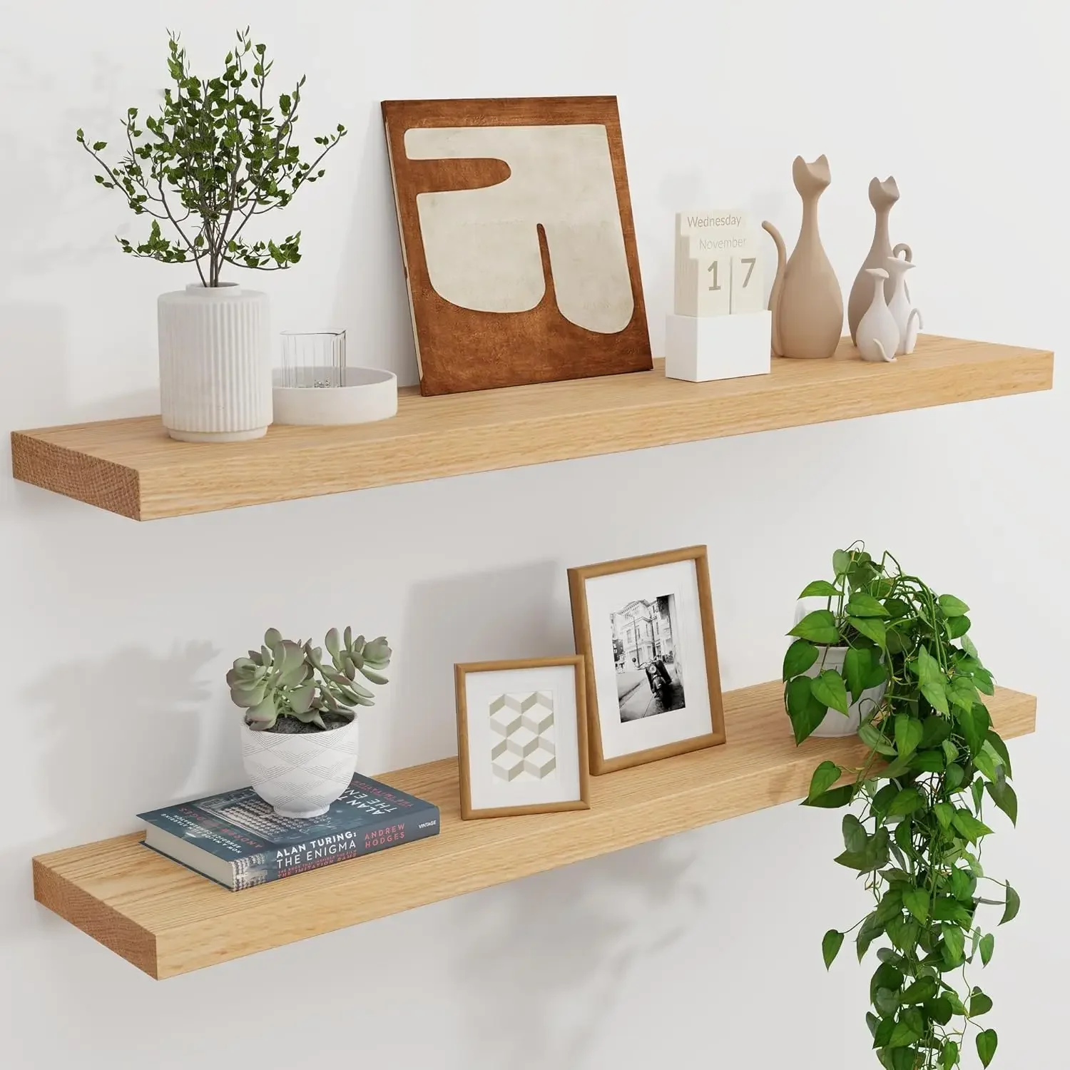 

Solid Oak Floating Shelves - Set of 2, 36" Wide x 8" Deep Wall Mounted Rustic Wooden Display Shelf for Bathroom Bedroom Kitchen