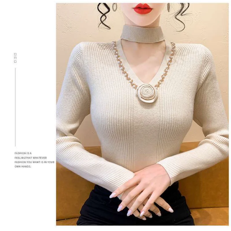 2025 Neue Herbst Sexy Hohl Pullover Feminine V-need Schlank Bodenbildung Mode Top