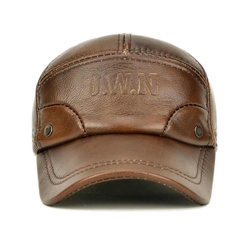 NORTHWOOD Brown Real Leather Winter Hat Genuine Leather Baseball Cap for Men Adjustable Outdoor Keep Warm Snapback Earflaps Hat