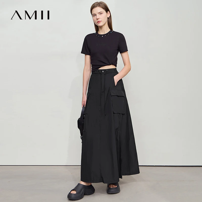AMII Vacanza Gonna Lunga 2025 Donne di Estate Allentato Protezione Solare Office Lady Tasche Solide Elastico in Vita Cavo Gonna con Spacco 12542106