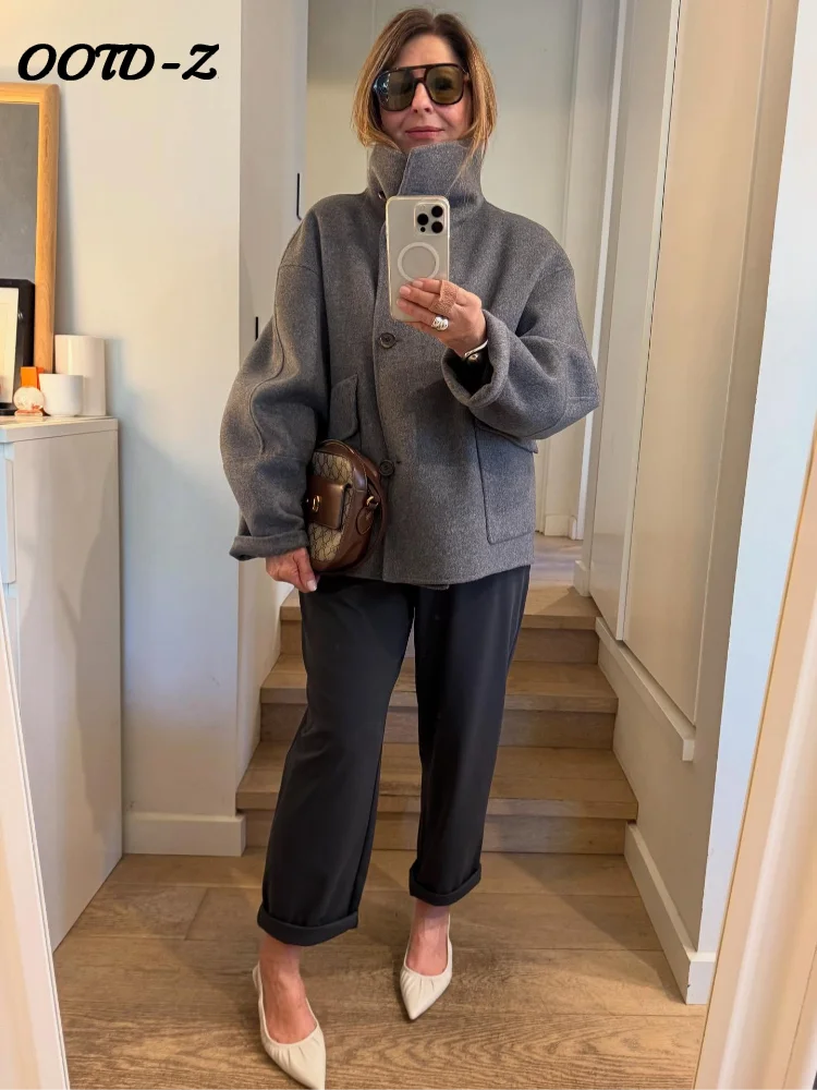 2025 Autumn Single Breasted Pocket Coats Fashion Women Oversize Stand Collar Wool Blend Jacket Casual New Lady Outerwear Street