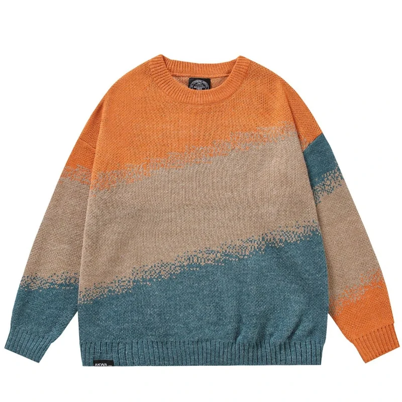 Japanese Retro Gradient Color Blocked Lazy Style Round Neck Sweater for Men Loose Casual Knit Sweater in Plus Size