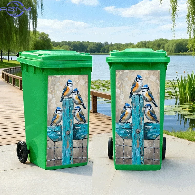 1pc of Trash Can Sticker with a Theme Design Featuring a Sparrow on a Blue Railing. Self-Adhesive Wall Decoration Wallpaper fo