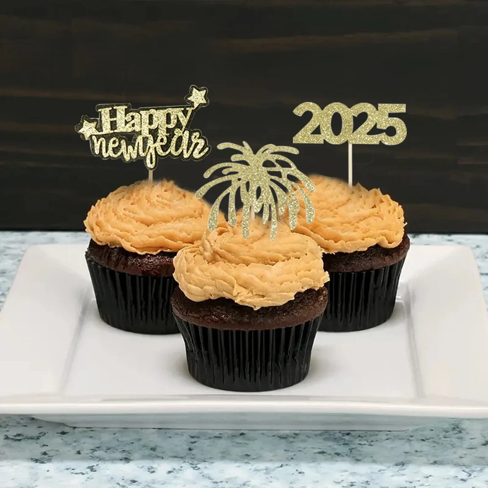

13sets Glitter Black Gold Happy New Year Cake Decoration 2025New Year Eve Cupcake Topper DIY Dessert Baking New Year Party Decor