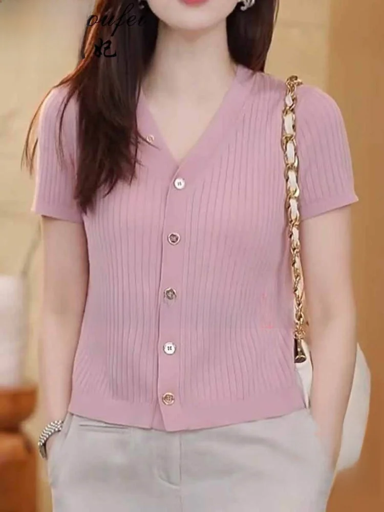 

Ele V-Ne Ice Silk Knitted Open Cardigan Women's Summer Faion Single Button ort Sve T-irt Top Simple Casual Sle