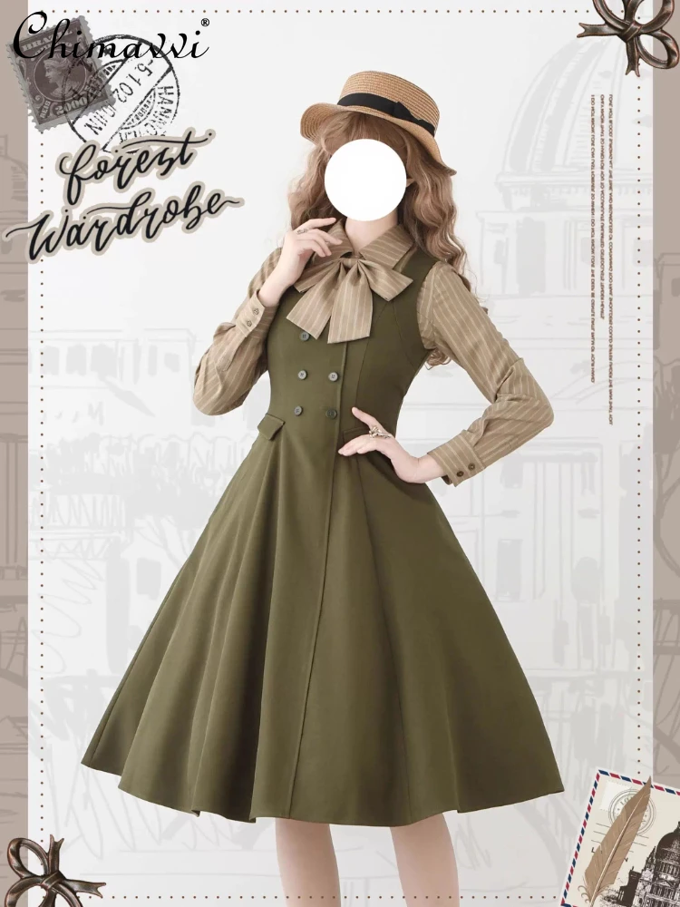 

Original British Style Retro Elegant Square Neck Sleeveless Double-Breasted High Waist A-line Versatile Long JSK Dress for Women