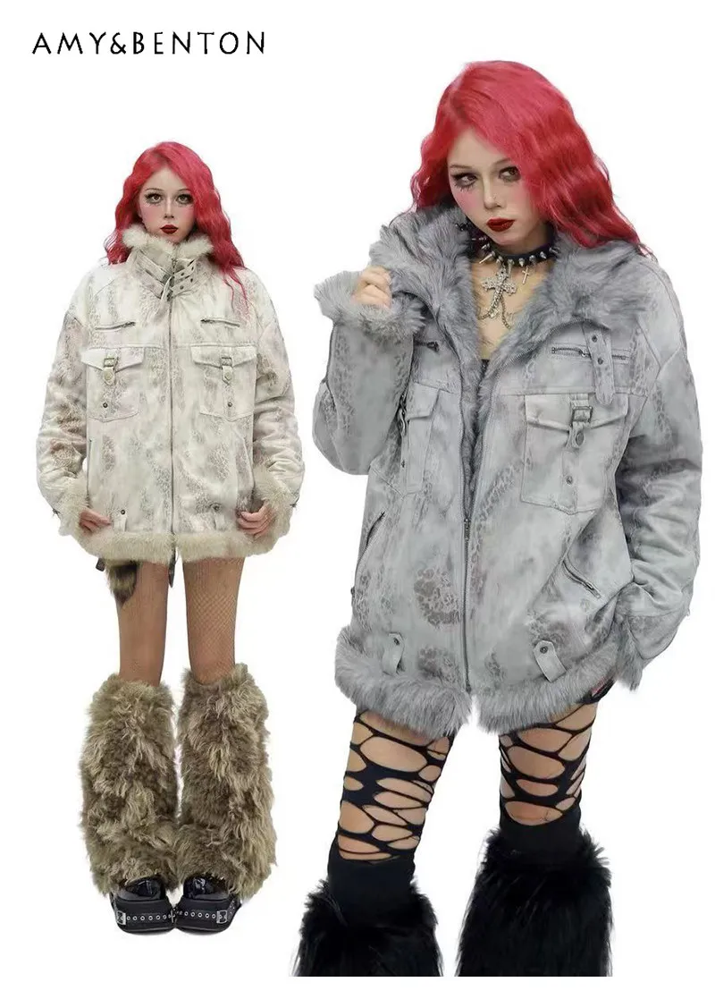 

Новая осенне-зимняя женская утепленная куртка из хлопка с леопардовым принтом, с воротником из замши и меха, свободного кроя, серая, повседневная