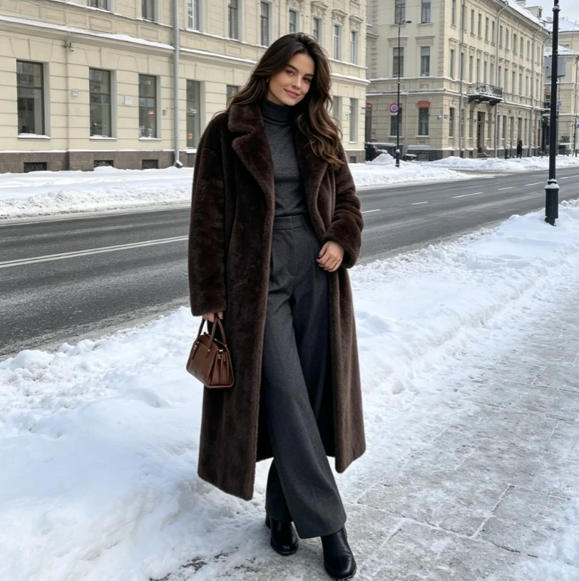Long Coats Women Faux Fur Y2k Maxi Overcoat Lace Up Turn Down Collar Full Sleeve Thick Loose Elegant Jackets Autumn Winter 2026