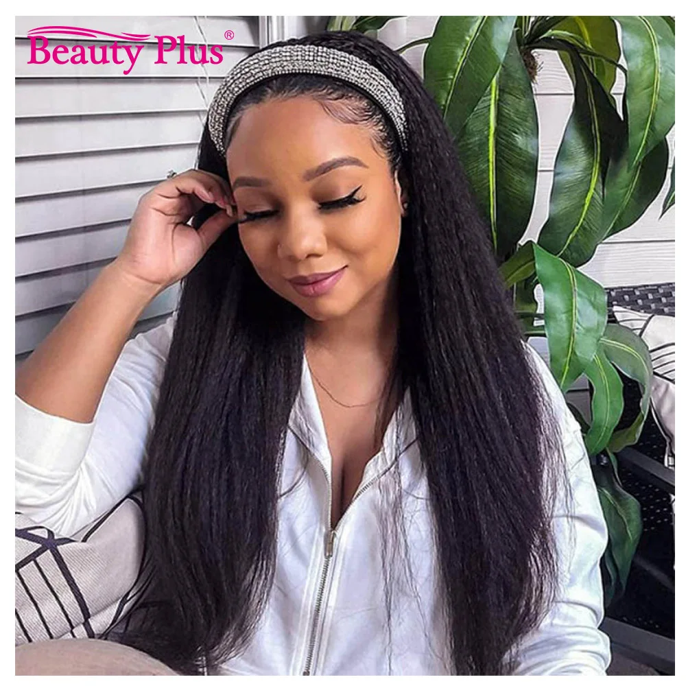 180 200 Density Kinky Straight Human Hair Headband Wig Remy Yaki Straight Wigs Match With Various Headbands for  Africe American