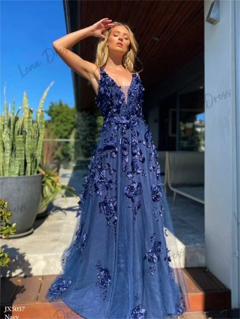 

Lena-2024 Deep Blue 3D Lace Evening Dress Women's V-neck Tulle Robe De Soiree Sleeveless Vestidos De Festa