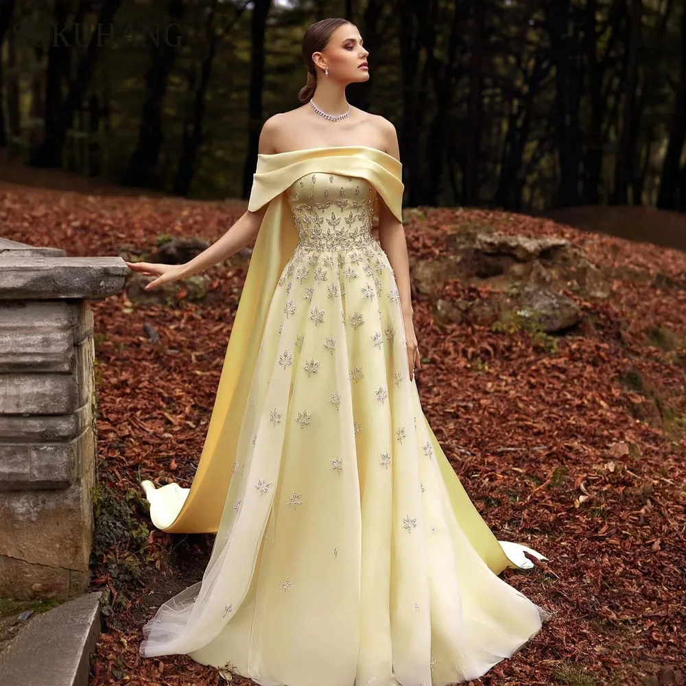 فستان سهرة SUKUHANG عربي أصفر من الساتان الفاخر في دبي على شكل حرف a بدون أكتاف للنساء لحفلات الزفاف حسب الطلب