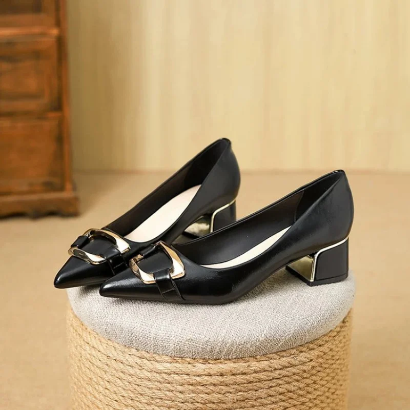 

2025 New Women's French Style Chunky Heel Pumps - Pointed Toe Metal Buckle Dress Shoes, Elegant for Spring/Autumn Daily Wear​