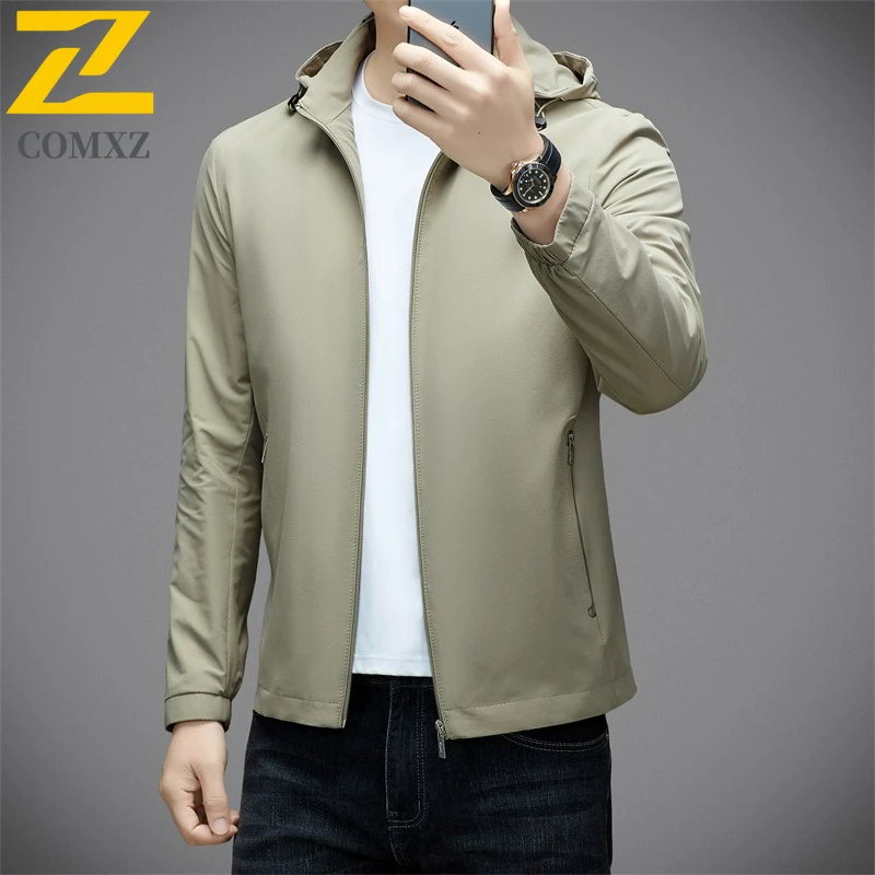 Hooded Jacket Men New Trendy Detachable Hood Work Coat Classics Business Casual Comfort Lightweight Spring Autumn Outerwear