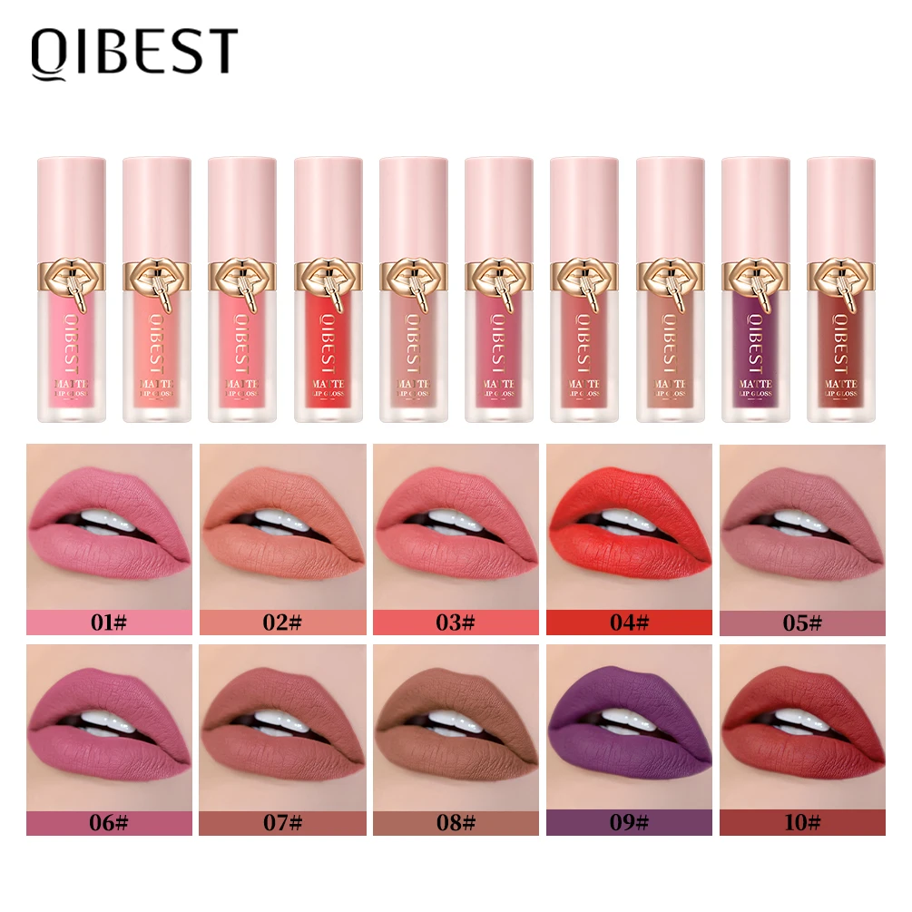 

QIBEST Matte Liquid Lipstick Waterproof Silky Lip Gloss Non-Stick Cup Lipgloss Purple Red Nude Lip Tint Durable Makeup For Women