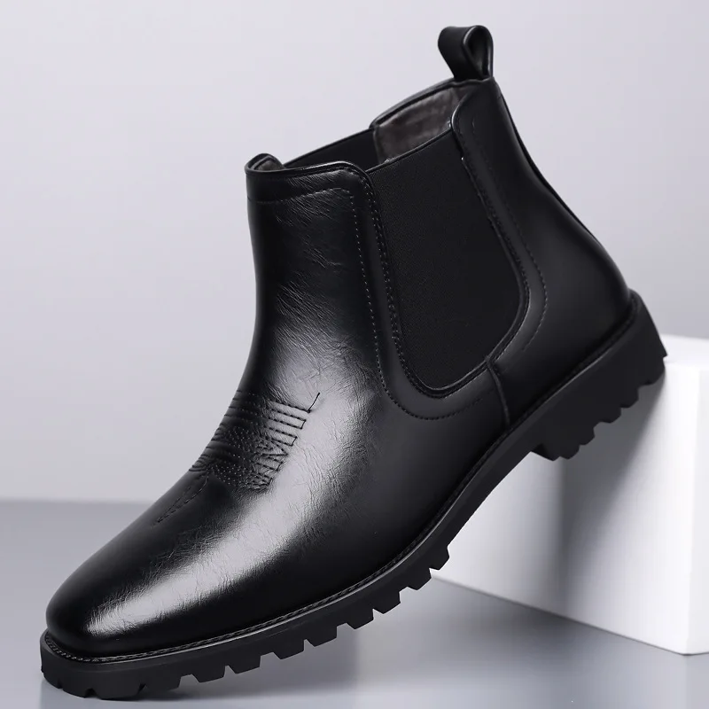 

Big Size48 Men Boots Fashion Square Head Design Chelsea Boots Classic Business Casual Leather Boot Retro Embroidered Ankle Boots