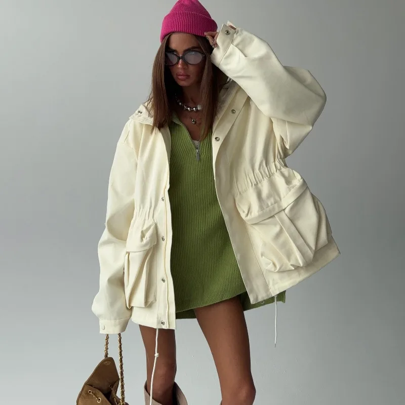 

Осенне-зимняя уличная простая однотонная куртка на талии, универсальная свободная модная куртка с лацканами и большим карманом, женская одежда