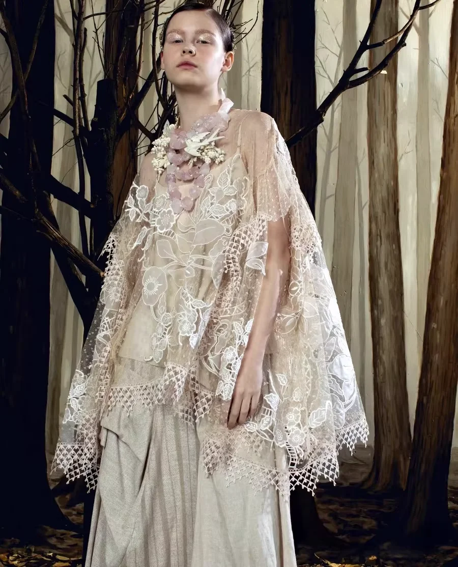 

Transparent Mesh Sexy Shirt Women's Fashion Beige Embroidered Loose Top Summer 2026 Ruffles Lace Blouse