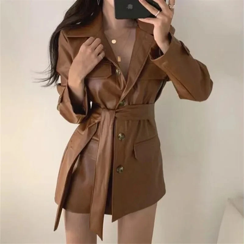 Autumn PU Leather Lady Outwear Korean Fashion Leather Female Jacket Medium Long Styles Faux Leather Women Tops