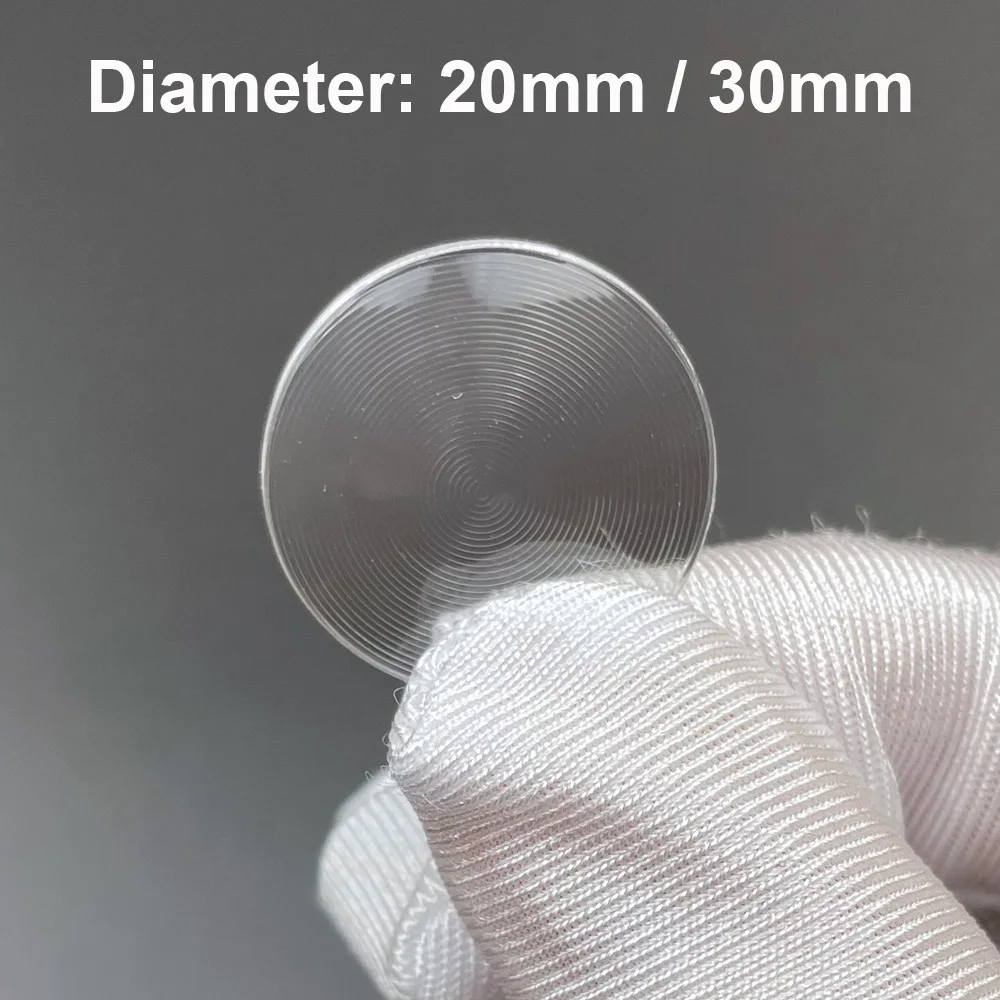 Durchmesser 20 mm, 30 mm, runde Fresnel-Linse, Brennweite 50 mm, flache Vergrößerungslinsen, optische PMMA-Solar-LED-Kondensatorlinse mit Gewinde