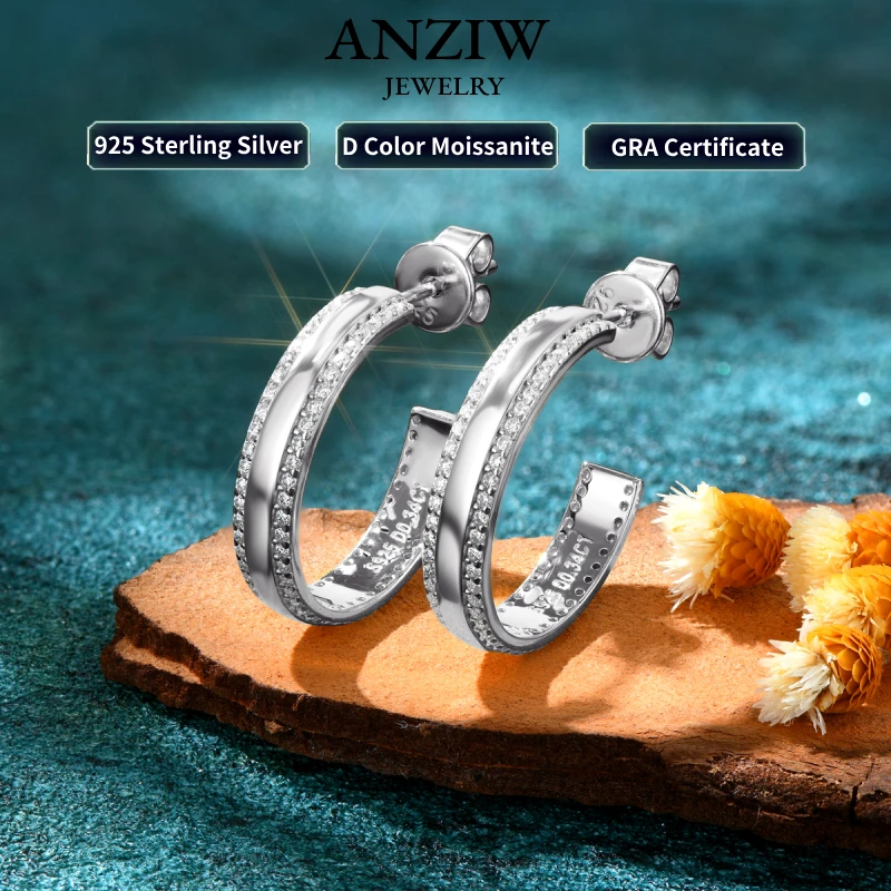 

Anziw C Shape Open Circle Stud Earrings Moissanite Hoop Drop Piercing Earrings 925 Sterling Silver Women's Anniversary Jewelry
