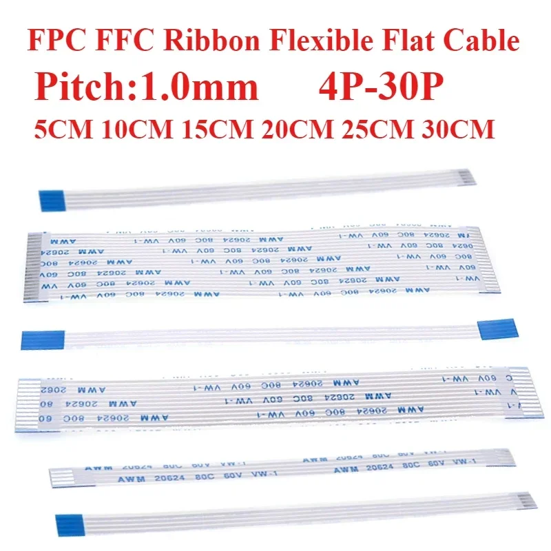 5PCS FPC FFC Ribbon Flexible Flat Cable 4/6/8/10/12/14/16/18/20-30Pin Pitch 1.0MM A-Type B-Type5CM/10CM/15CM/20CM/25CM/30CM