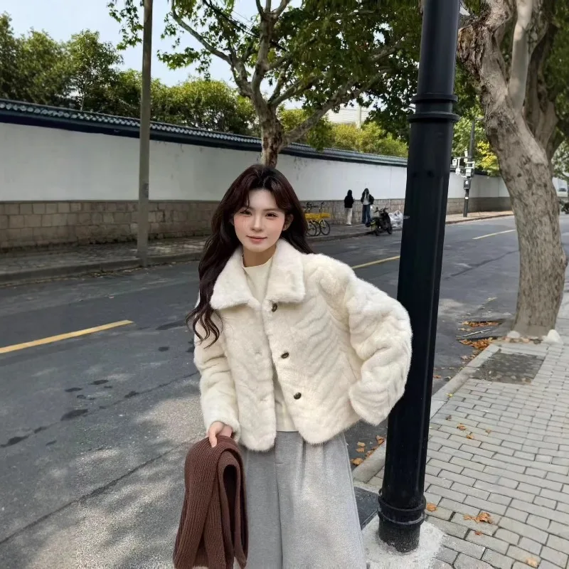 Women's Faux Fur Cropped Jacket with Lapel Collar Button Down Fluffy Short Coat for Winter 2025 New Arrival Warm Outwear