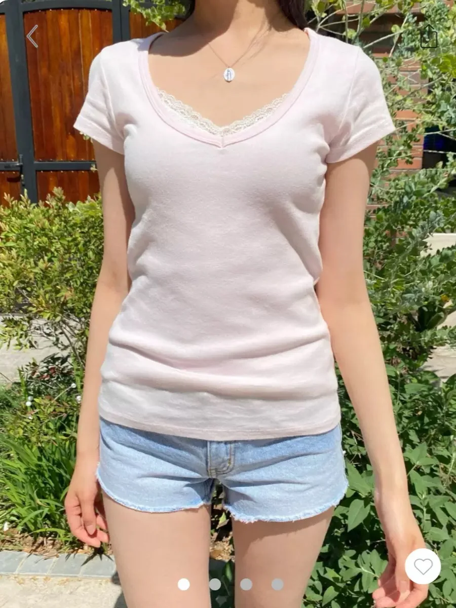 Camiseta rosa de manga corta de algodón con cuello en V para mujer, Tops ajustados informales sencillos de estilo pijo, ropa Vintage dulce y elegante Y2K