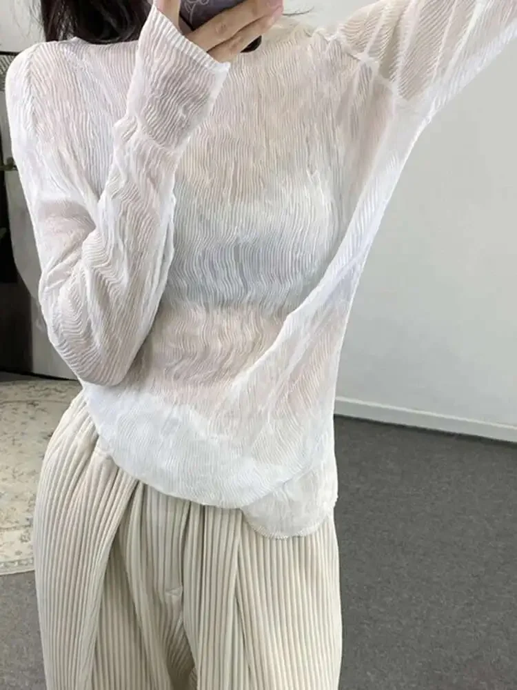 تي شيرت نسائي غير رسمي ذو ثنيات وياقة واقفة تي شيرت نسائي بأكمام كاملة بلون سادة بيبلوم فضفاض مياكي صيف جديد 2025