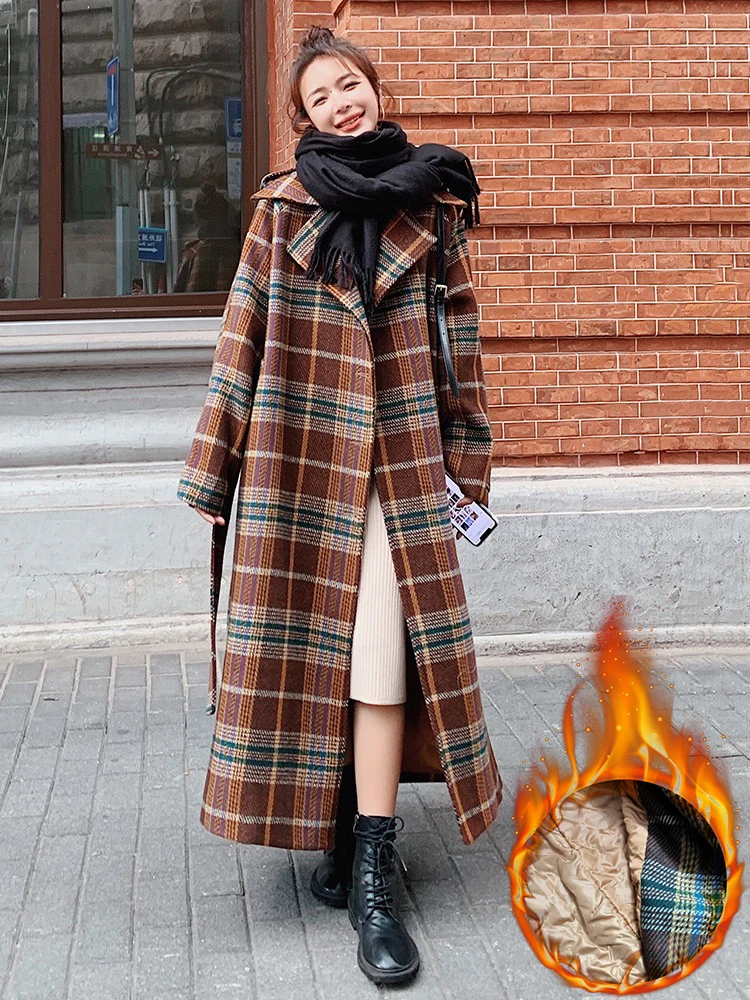 Vintage Plaid Tweed Long Woolen Coats Women Winter New Loose Wool Blend Thicken Jackets Korean Warm Cotton Padded Lined Casacos