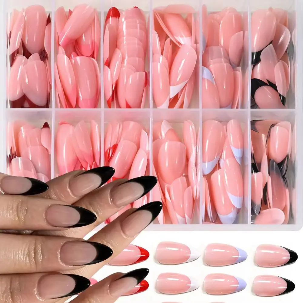 

288 шт. красно-розовых средних накладных ногтей формы «миндал» и французских накладных ногтей, черно-белых овальных накладных ногтей с полным покрытием, накладные типсы для наращивания, готовые к носке, накладные ногти на клейкой основе