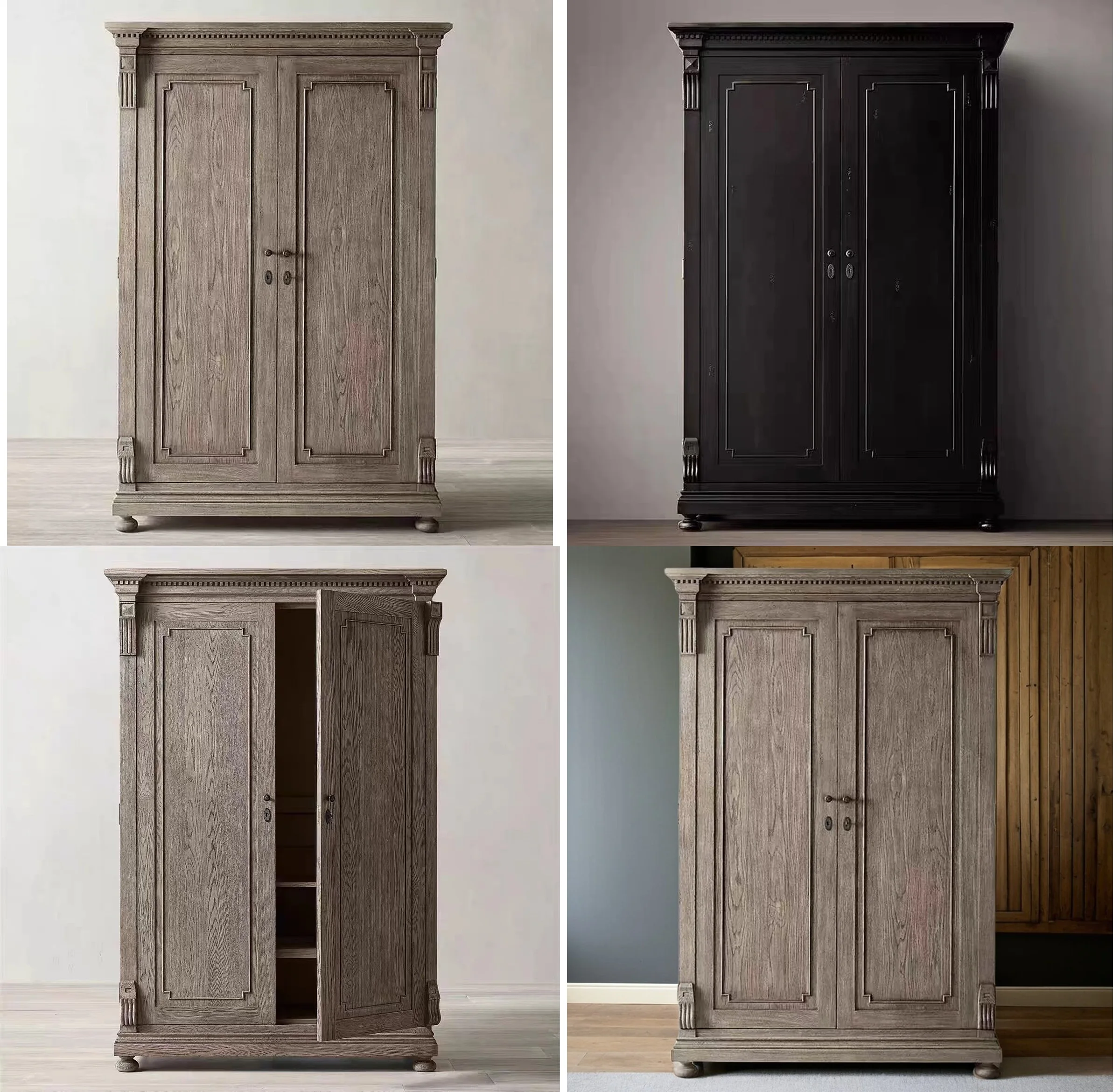 Vintage Solid Wood 2 Door Wardrobe French Retro Armoire for Bedroom Master Large Storage Closet Custom Size