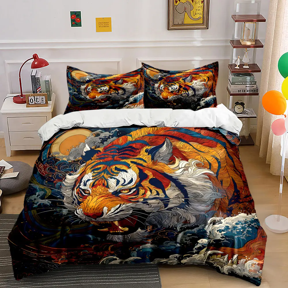 Bedrucktes Bettbezug-Set mit motiviertem Tigergerücht und gewellten Wellen, 1 Bettbezug + 2 Kissenbezüge, Bettwäsche-Dekor für Schlafzimmer in verschiedenen Größen