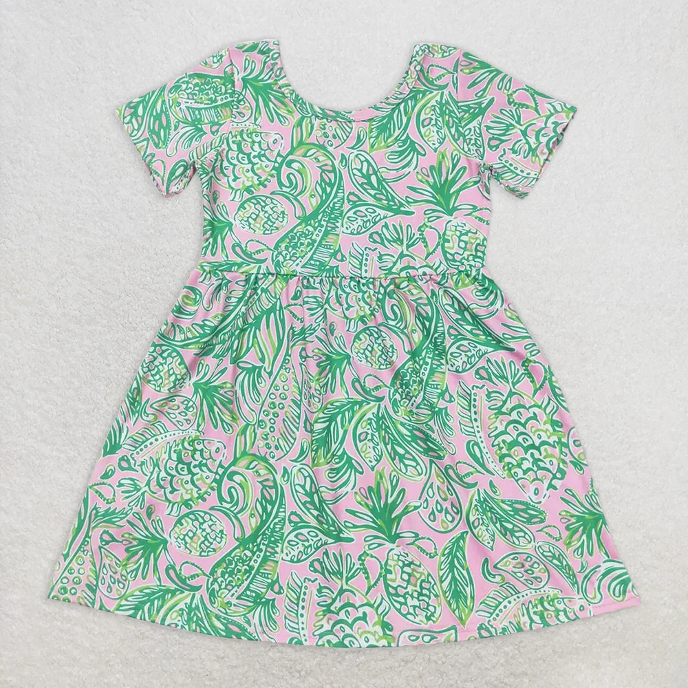 

Baby Girls Summer Dress Green Leaves Short Sleeve Knee Length Watercolor Print Casual Elegant Girls Outfit