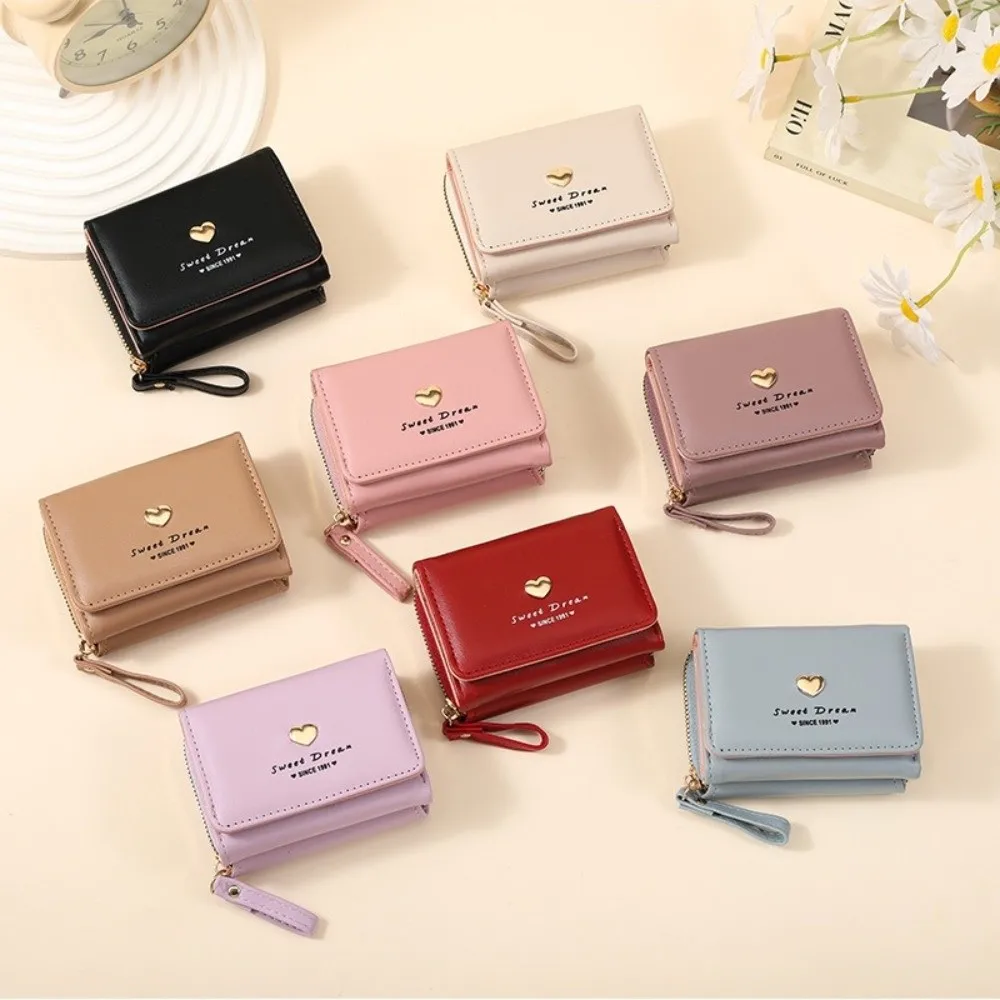 Casual Multi-Card Slot Cash Bags Short Zippered Love Heart Wallet Simple Coin Purse For Women
