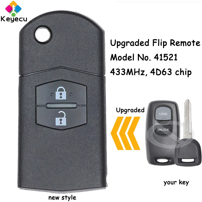 

KEYECU Upgraded Flip Remote Car Key With 2 Buttons 433MHz 4D63 Chip for Mazda 2 3 6 CX7 CX9 RX8 Fob Visteon Model No. 41521