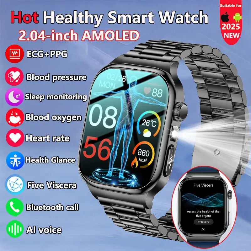 

2025New ECG+PPG AMOLED Uric Acid Blood Pressure Blood Oxygen Body Analysis Body Fat BT Call LED Flashlight Women Men Smartwatch