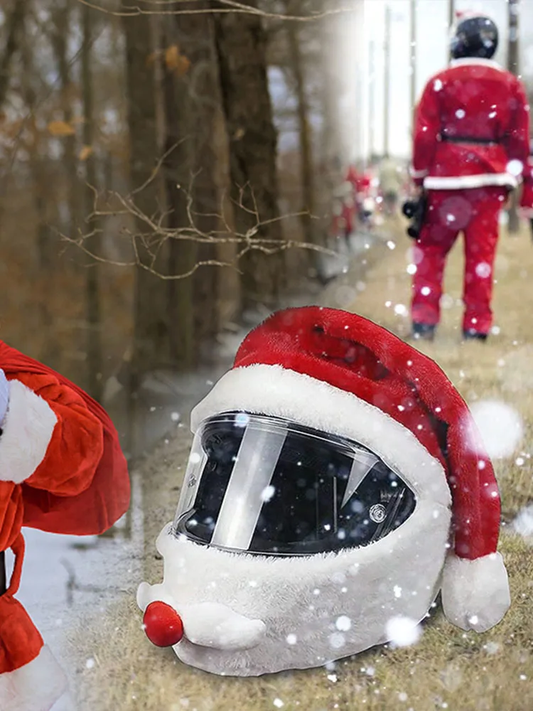 غطاء مضحك للدراجة النارية سانتا كلوز، خوذات شخصية مرنة، غطاء خوذة سانتا كلوز القطيفة لحفلات عيد الميلاد في الهواء الطلق #4