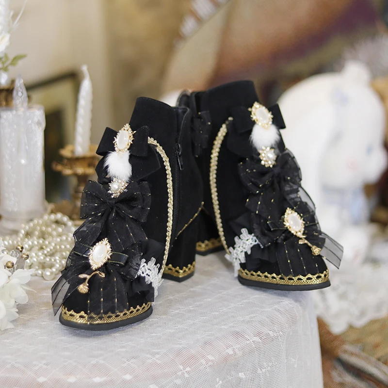 

2025 Original Lolita Thick Heel Black Plush Ball Warm Short Boots Lolita Shoes Autumn/winter