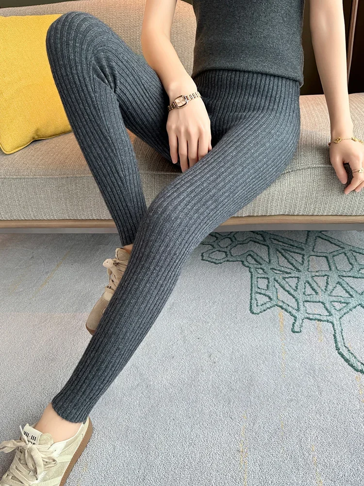 Women's Tights Pants Autumn Winter Stretchy Pants 100% Cashmere Sweater Pants Warm Slim Knit Elastic Ribbed Leggings Bottom Wear