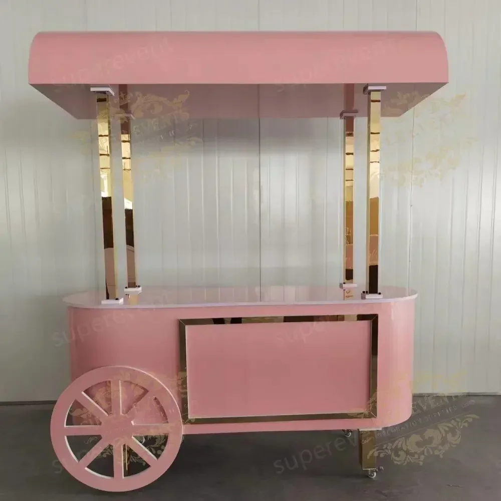 Customizable Baby Shower Candy Bar Cart Mobile Food Truck Party Decoration with Flower Design And Wheels for Event Catering