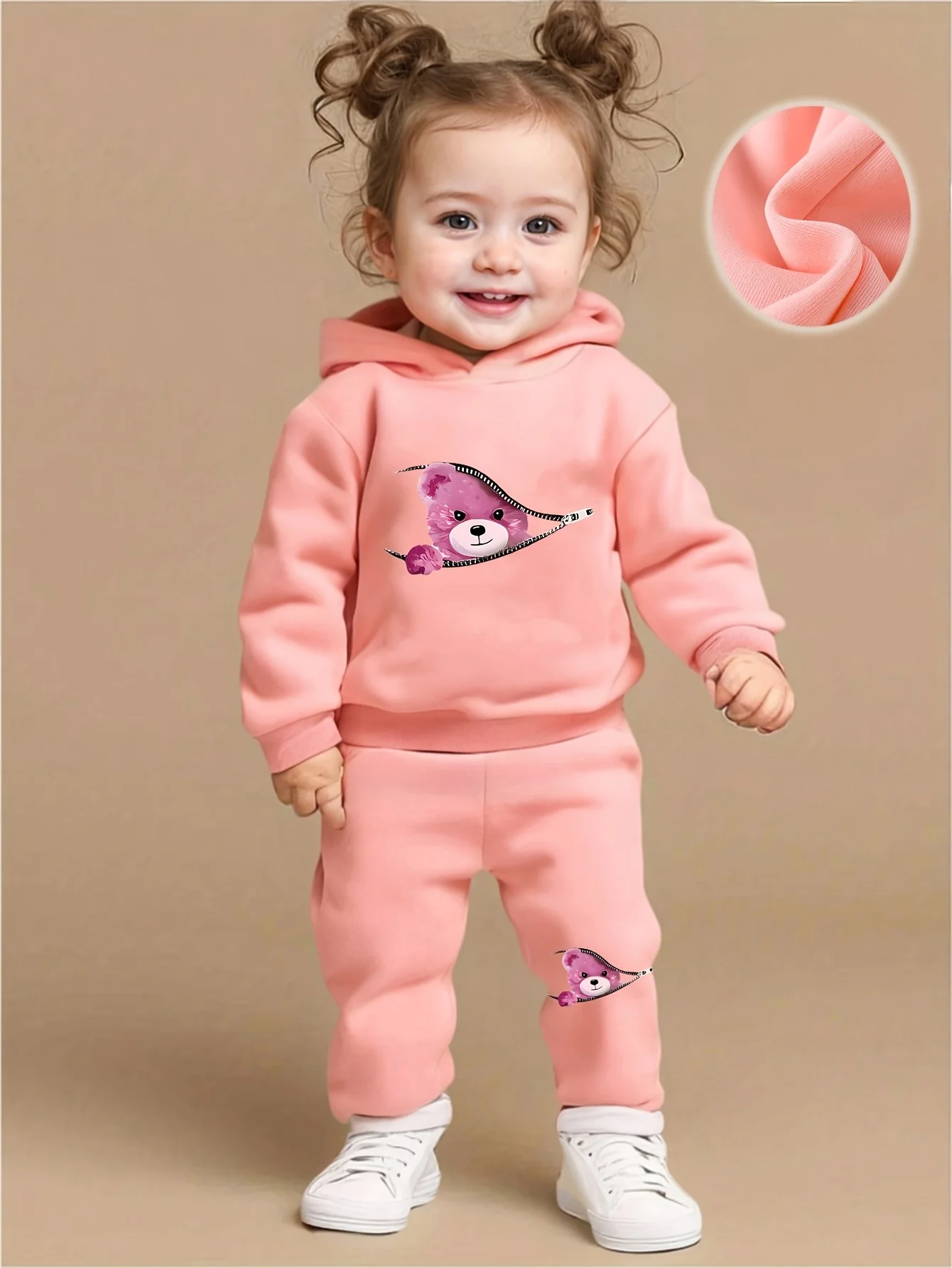 

Newborn Girl Baby Zipper Bear Print Fleece Hoodie Casual Sports Long Pants Set Baby Clothing Cozy Outfit for Infants